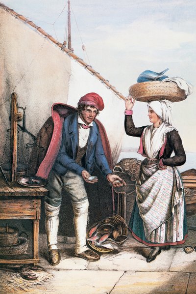 Fischhändler und Bauer, Illustration aus Kostüme von Istrien, Italien von Italian School