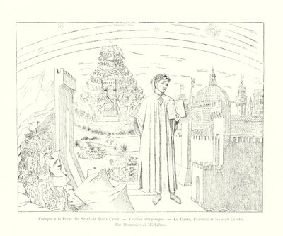 Fresko an der Porta dei Servi von Santa Croce, Allegorisches Bild, Dante, Florenz und die sieben Kreise, von Domenico di Michelino (Gravur) von Italian School