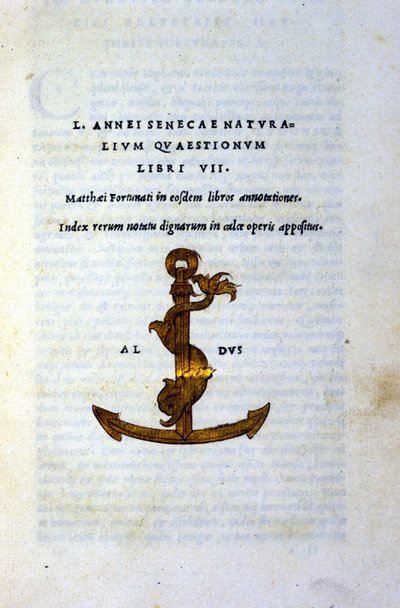 Frontispiz von „Naturalium Questionum Libri VII“ oder „Naturfragen Buch VII“ von Seneca dem Philosophen oder Lucius Annaeus Seneca (2 v. Chr. - 65 n. Chr.), gedruckt 1503 von Aldo Manuzio (Alde Manonce) (1450 - 1515), venezianischer Gelehrter und Drucker von Italian School