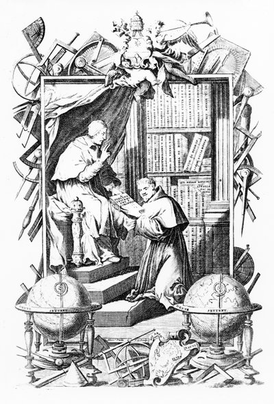 Frontispiz für Biblioteca Universale Sacro-Profana, Band 1 von Vincenzo Coronelli, Druck von Alessandro dalla Via, veröffentlicht 1701 von Italian School