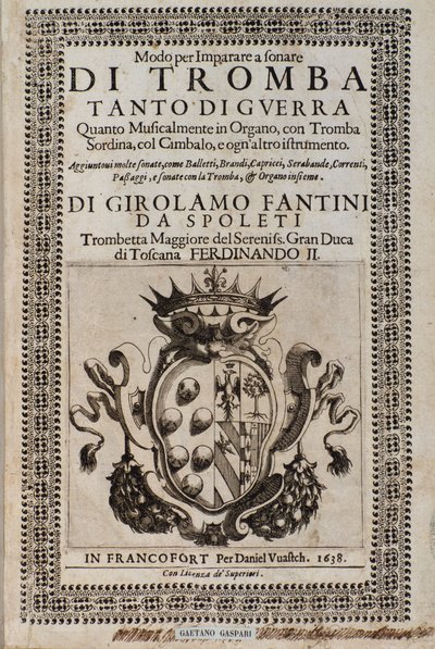 Frontispiz von Modo per imparare a sonare di tromba Methode zum Trompetenspiel von Girolamo Fantini (1600-1675) von Italian School