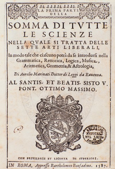 Frontispiz aus Somma di tutte le scienze, Essay über die freien Künste, von Aurelio Marinati von Italian School