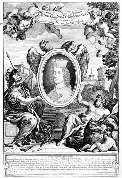 Frontispiz zu Veteres arcus Augustorum triumphis insignes mit einem Porträt von Kardinal Pietro Ottoboni, graviert von Robert van Audenaerde, 1690 von Italian School