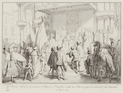 Die Veroneser Gesandten überreichen die Schlüssel und Standarten ihrer Stadt als Zeichen der Unterwerfung (Gravur) von Italian School