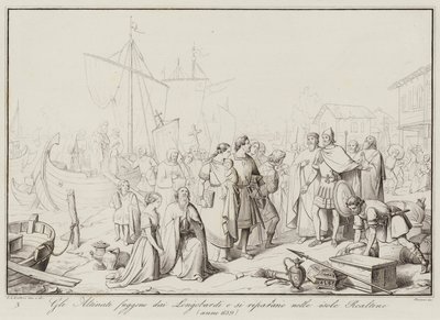 Die Altinati fliehen vor den Langobarden und suchen Zuflucht auf den Realtine-Inseln, 639 (Gravur) von Italian School