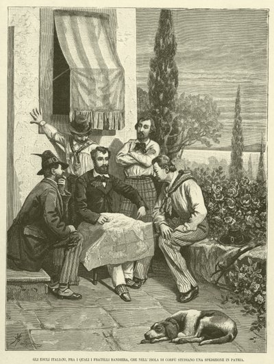 Die italienischen Exilanten, darunter die Brüder Bandiera, die auf der Insel Korfu eine Expedition in die Heimat planen (Gravur) von Italian School