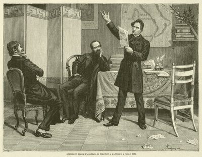 Guerrazzi liest die Belagerung von Florenz an Mazzini und Carlo Bini (Gravur) von Italian School