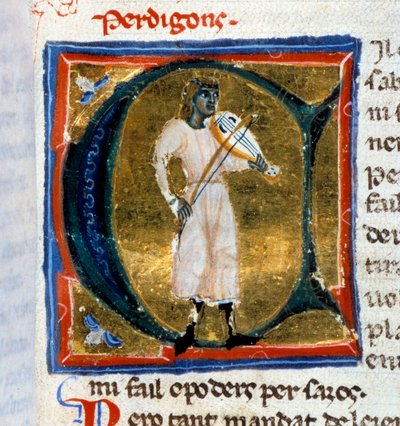 Historische Initiale (Buchstabe A). Der Troubadour Perdigon spielt die alte Weise von Italian School