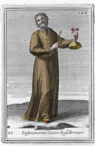 Heiliges armenisches Instrument: Musikinstrument ähnlich einer Glocke. Gravur aus „Gabinetto Armonico pieno d