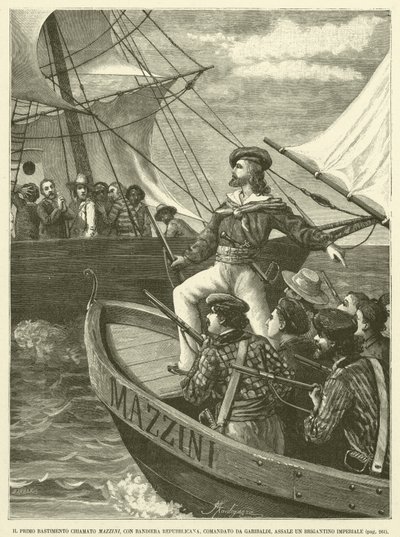 Das erste Schiff namens Mazzini, mit republikanischer Flagge, kommandiert von Garibaldi, greift ein kaiserliches Schiff an (Stich) von Italian School