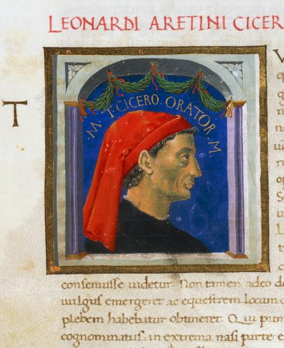 Illuminierte Seite mit Profil von Cicero, Band I, links 1, f 303 r, Vitae virorum illustrium, von Plutarch (ca. 46-127), Manuskript, Italien von Italian School
