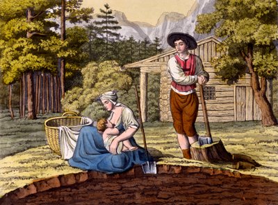 Bewohner der österreichischen Alpen, die eine Heimstätte errichten, aus Costumi dei Romani, Svizzeri.. ca. 1800-18 von Italian School