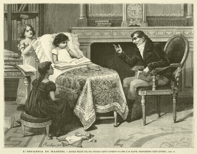 Die Kindheit von Mazzini, hier glücklich mit seinem kleinen Bett bedeckt mit Büchern und Karten, bestimmte Fragen stellend (Gravur) von Italian School