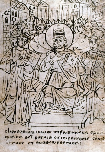 Lombardische Kunst: Kaiser Theodosius II. (401-450), Enkel von Theodosius I., beim Konzil von Ephesus am 22.06.431, verurteilt den Nestorianismus (des Patriarchen Nestorius oder Nestorios). Zeichnung mit Feder auf Pergament aus einem kanonischen Rechtsvert von Italian School