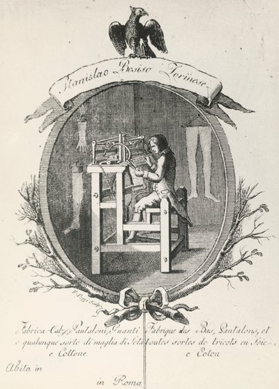 Webstuhl zur Herstellung von Socken, Hosen und Handschuhen, Kupferstich für ein Werbeplakat der Firma Stanislaus Bosiso, Italien von Italian School