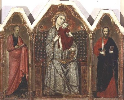 Madonna und Kind auf dem Thron, mit den Heiligen Johannes dem Evangelisten und Paulus, Riminese Schule (Triptychon-Panel) von Italian School