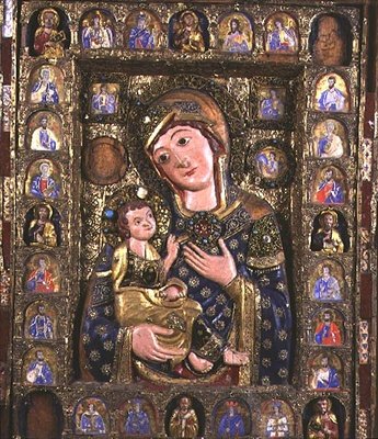 Madonna und Kind mit Evangelisten und Propheten, zentrales Panel eines Triptychons (Detail) von Italian School