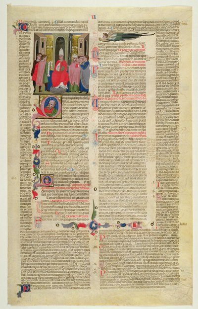 Marlay Cutting IT.3: Blatt mit Miniatur aus Gratians Decretum, das den Fall des Bischofs zeigt, der der fleischlichen Sünde beschuldigt wird von Italian School