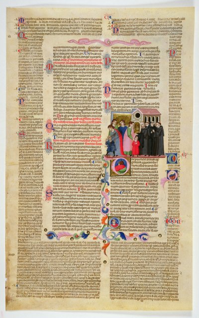 Marlay Cutting IT.9: Blatt mit Miniatur aus Gratians Decretum, das zwei Jungen zeigt, die von ihren Eltern in ein Kloster gebracht werden von Italian School