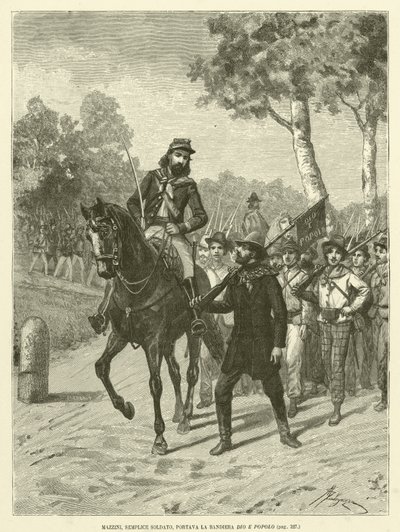 Mazzini, einfacher Soldat, trug die Fahne Gott und Volk (Gravur) von Italian School