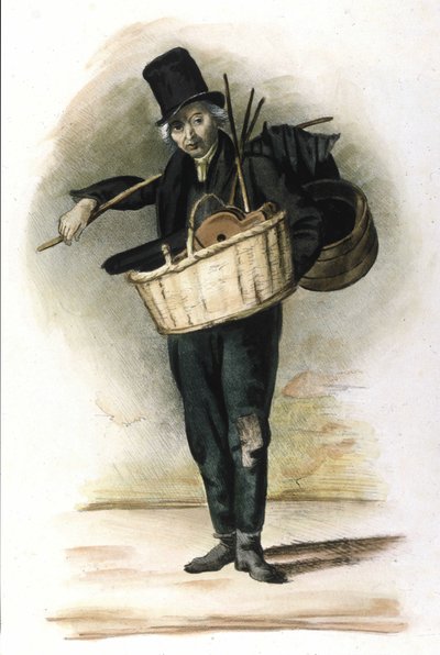 Mailänder Beruf: ein Reparateur von Regenschirmen, Schirmen und Blasebälgen. Gravur von Locarno aus dem Jahr 1830 von Italian School