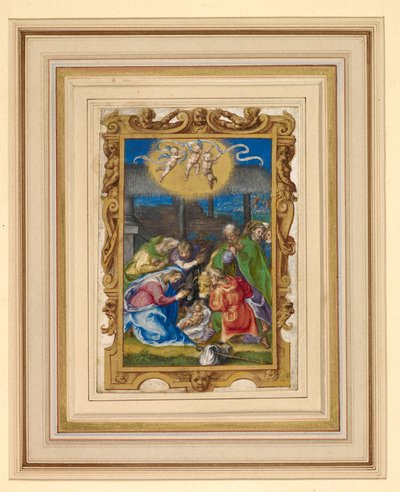 Miniatur der Geburt mit der Heiligen Familie und Hirten in einem Stall, mit drei Putti, die eine beschriftete Schriftrolle tragen, und der Verkündigung an die Hirten im Hintergrund (Pergament) von Italian School