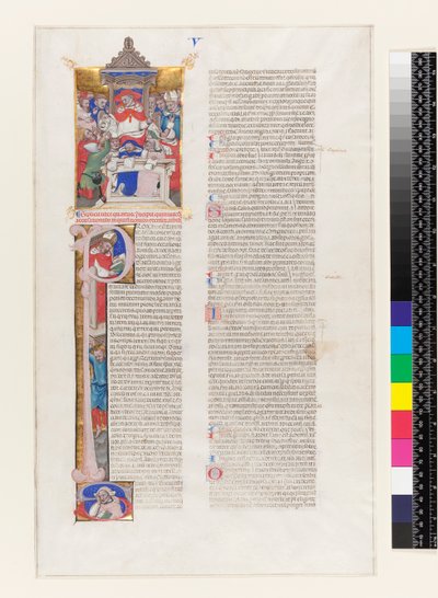 Ms 331 fol.1r Textseite mit einer historisierten Initiale P und einer Miniatur, die einen thronenden Kardinal darstellt, aus Buch V der Dekretalen von Gregor IX., aus Bologna, ca. 1350 von Italian School