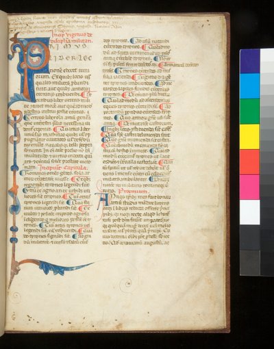 Ms 398. Vegetius, Epitoma rei militaris, f.1r. Verzierte Initiale [P], die sich zu einem Teilrahmen aus Stäben und Akanthus ausdehnt, Padua?, spätes 13. Jahrhundert (Pergament) von Italian School