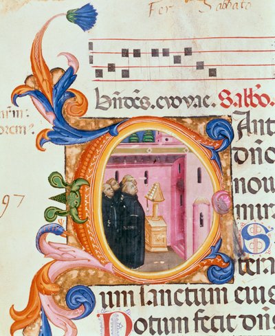 Historiierte Initiale C darstellend Mönche, die einen Text betrachten, aus dem Psalter von Santa Maria Novella, illuminiert von Paolo Soldini (fl.1342-86) 1379 von Italian School