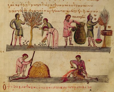 Ms Grec 479 Arbeit auf den Feldern, Illustration aus dem Cynegetica von Oppian von Italian School