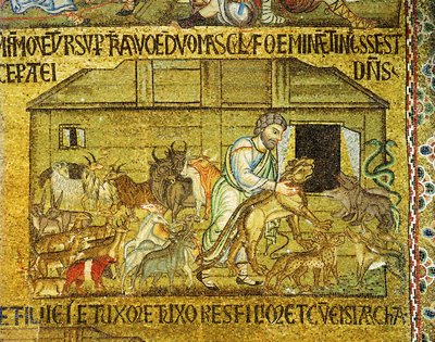 Noah hilft Paaren von Tieren, die Arche zu betreten von Italian School