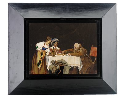Tafel, die einen Kavalier und einen Mönch an einem Esstisch mit einer Dame zeigt, Menegatti, Florenz, späte 19. Jahrhundert von Italian School