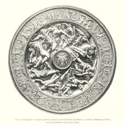 Silbernes Wasserkrugtablett, gefertigt für das Haus Medici, zugeschrieben Benvenuto Cellini, aber wahrscheinlich von Gaspero Mola (Gravur) von Italian School