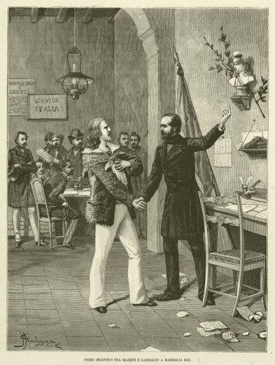 Erstes Treffen zwischen Mazzini und Garibaldi in Marseille 1833 (Gravur) von Italian School