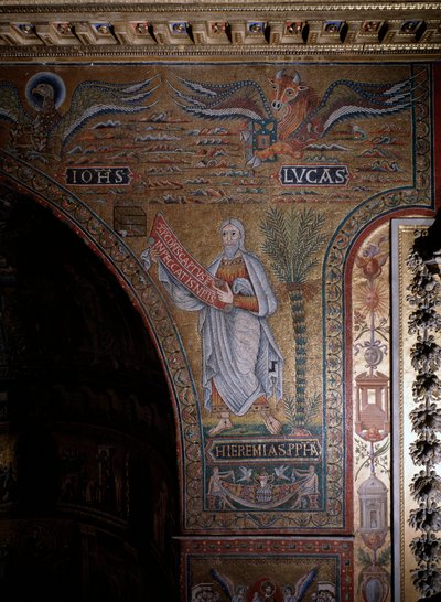 Prophet Jeremia und Symbole der Evangelisten Johannes und Lukas Anonymes Mosaik des 12. Jahrhunderts Rom, Kirche Santa Maria in Trastevere Italien von Italian School