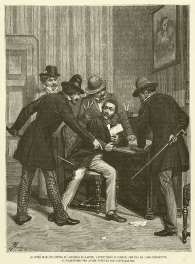 Vier Italiener hinter dem Rat von Mazzini warnten Corelli, dass er von ihnen bekannt war und bestanden darauf, alle seine Papiere zu haben (Stich) von Italian School