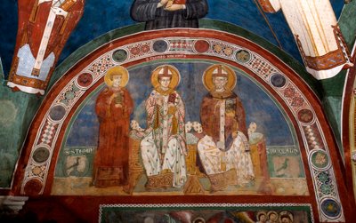 Darstellung von Saint Stephen, christlicher Märtyrer, Saint Thomas Becket (1118-1170), Erzbischof von Canterbury und Saint Nicholas von Myra oder Bari (270-345). Anonymes Fresko (13. Jahrhundert) Unterkirche. Kloster von Saint Benedetto (Sacro Speco), Subi von Italian School