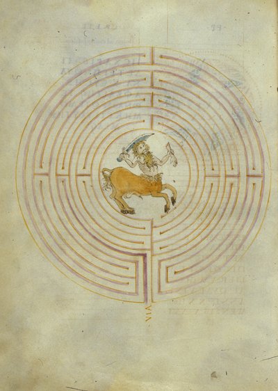Darstellung des Minotaurus im Zentrum des Labyrinths von Italian School
