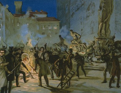 Revolution in Florenz, 27. April 1859, Illustration aus einem Album zur Geschichte des Risorgimento für die Schokolade Talmone, späte 19. Jahrhundert von Italian School