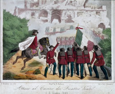 Risorgimento, Römische Republik: Die Soldaten der Armee von Giuseppe Garibaldi versuchen, die Villa der Quattro Venti in Rom am 03.06.1849 zurückzuerobern von Italian School