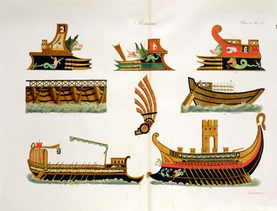 Römische Schiffe mit Details der Galionsfiguren, Tafel 23, Klasse 5 aus Teil I der Geschichte der Nationen, graviert von Simonetti von Italian School