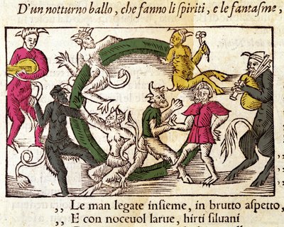 Sabbatzeremonie mit Hexen. Gravur von Olaus Magnus, schwedischer Geistlicher und Geograph, „Historia de Gentis Septentrionalibus“, Venedig von Italian School