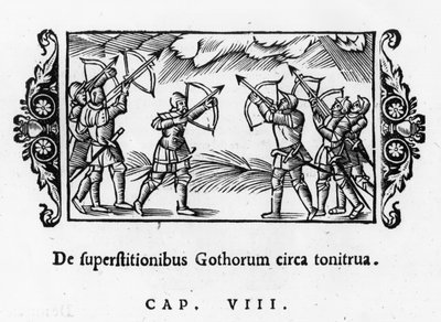 Skandinavier, die ihre Pfeile benutzen, um den Donner abzuwehren, aus Historia de Gentibus Septentrionalibus von Olaus Magnus (1490-1557) veröffentlicht in Rom, 1555 von Italian School