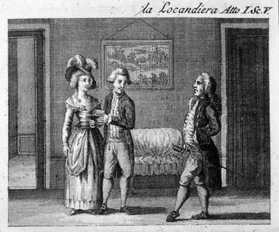 Szene 5 des 1. Akts des Stücks "La locandiera" (1753) von Carlo Goldoni (1707-1793). Gravur aus dem 18. Jahrhundert von Italian School