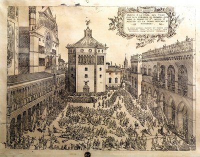 Das Stierfest auf dem großen Platz von Cremona in Italien. Gravur des 16. Jahrhunderts Cremona, Museo Civico Italien von Italian School