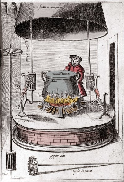 Die Küche unter einer Glocke. Gravur aus „Opera“, Buch über Gastronomie in 6 Teilen, von Bartolomeo Scappi, persönlicher Koch von Papst Pius V. Venedig von Italian School
