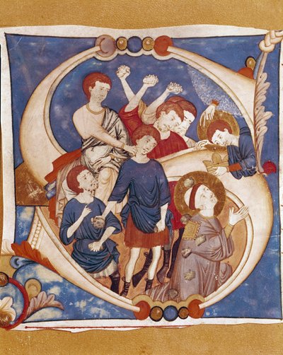 Das Martyrium des Heiligen Stephanus (Stefano) Die Steinigung des ersten christlichen Märtyrers im 1. Jahrhundert. Illuminierte Initiale eines Manuskripts aus der Schule von Umbrien von Italian School