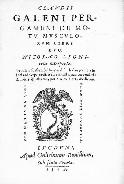 Titelseite zu Claudii Galeni Pergameni De Motu Musculorum Libri Duo, eine Sammlung von Werken von Claudius Galen, veröffentlicht 1549 (Druck) von Italian School