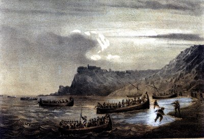 Einheit Italiens: Expedition der Tausend oder Rothemden unter der Führung von Giuseppe Garibaldi (1807-1882). Die Abfahrt der ersten Flotte der Garibaldianer nach Kalabrien bei Fort Stella. Lithographie aus dem 19. Jahrhundert von Italian School