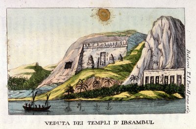 Ansicht des Tempels von Abu Simbel. Der Autor Giovanni Battista (Gianbattista) Belzoni (1778-1823), ist ein italienischer Entdecker und Archäologe, hat wichtige archäologische Entdeckungen in Ägypten gemacht. Gravur - in „Viaggio in Egitto e in Nubia“ von  von Italian School